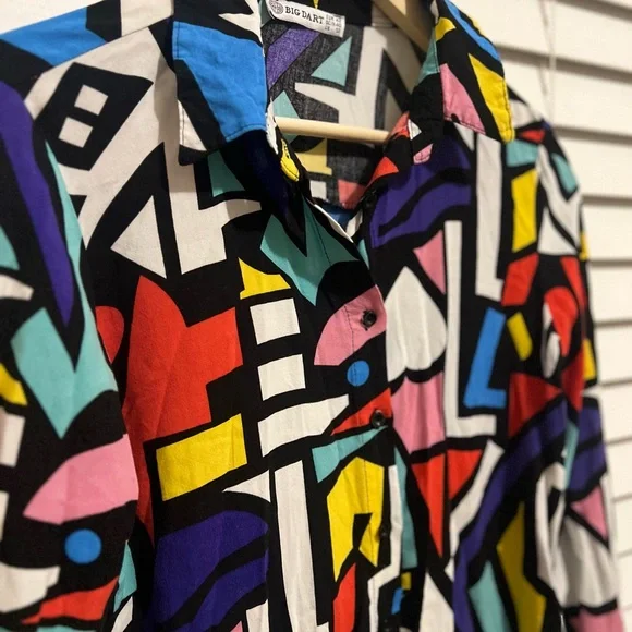 80’s Vintage Vibes Artistic Cubism Style Size M Abstract Geometric Button Up - Picture 7 of 9